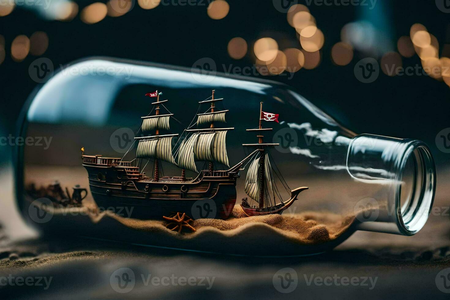 a ship in a bottle with sand and sand. AI-Generated photo