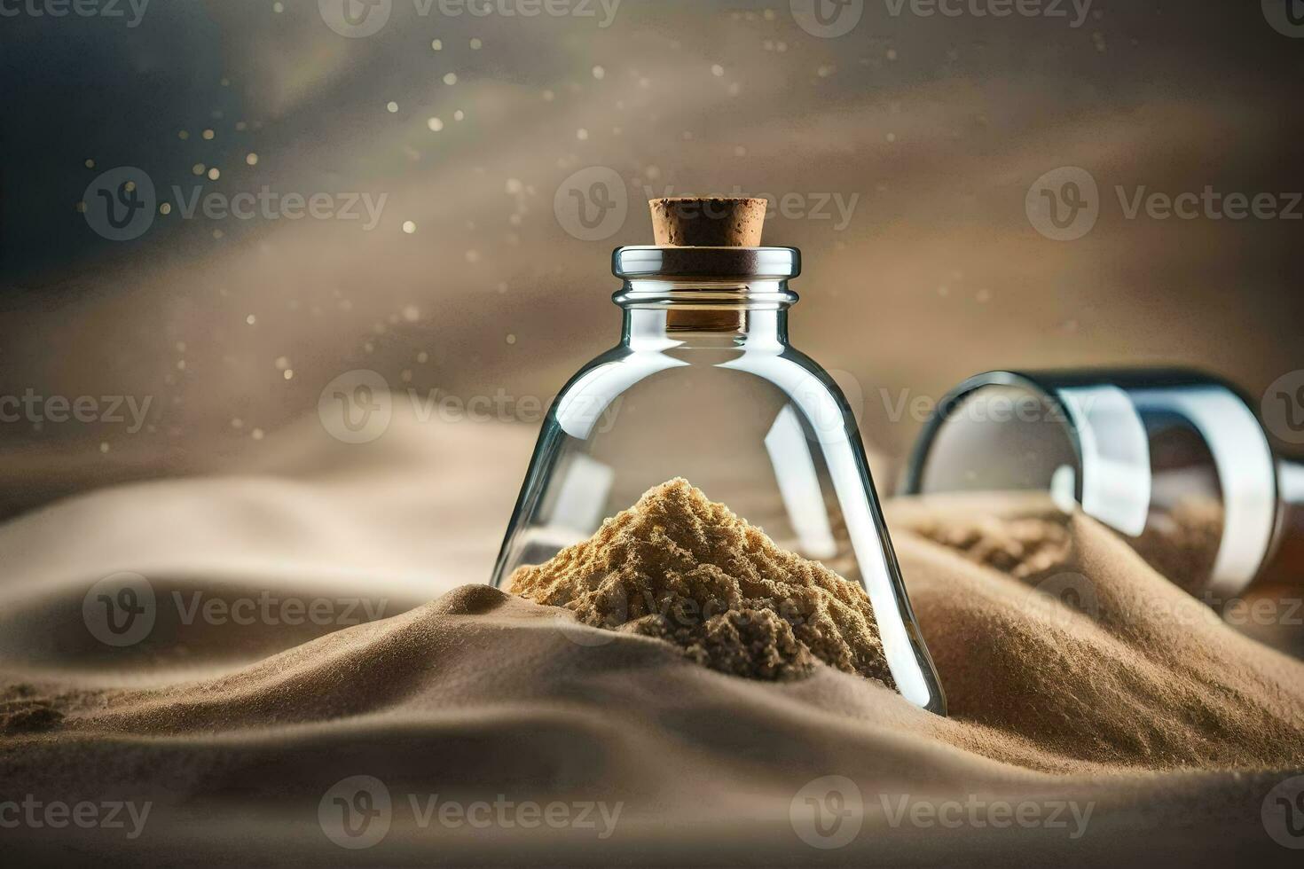 a bottle of sand and a glass bottle with sand inside. AI-Generated photo