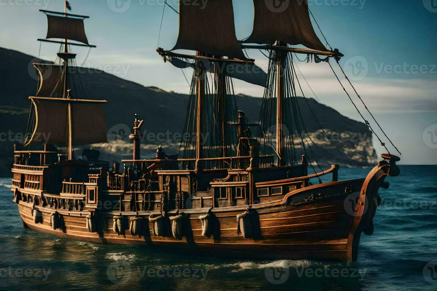 a wooden ship in the ocean. AI-Generated photo
