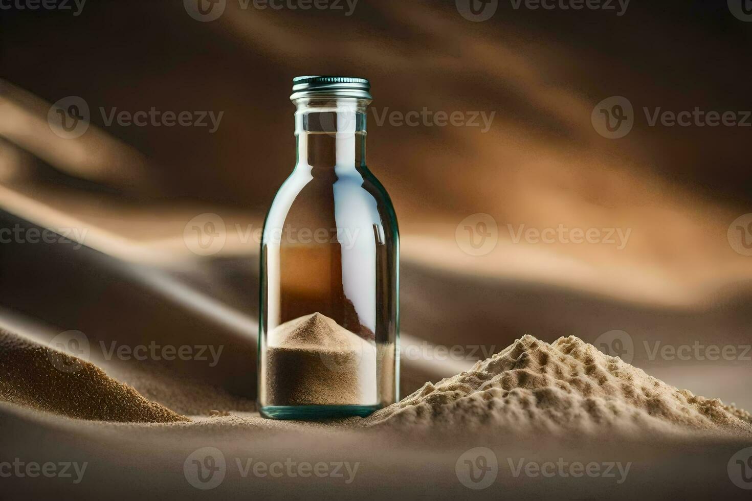 a bottle of sand and a glass of sand. AI-Generated photo