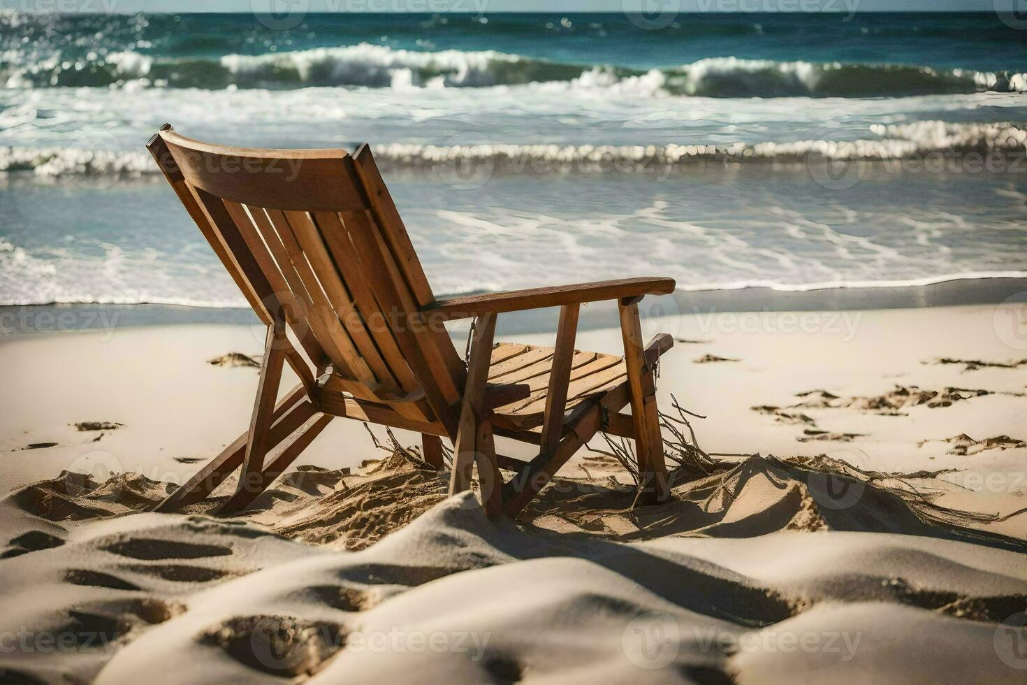 un de madera silla se sienta en el playa cerca el océano. generado por ai foto