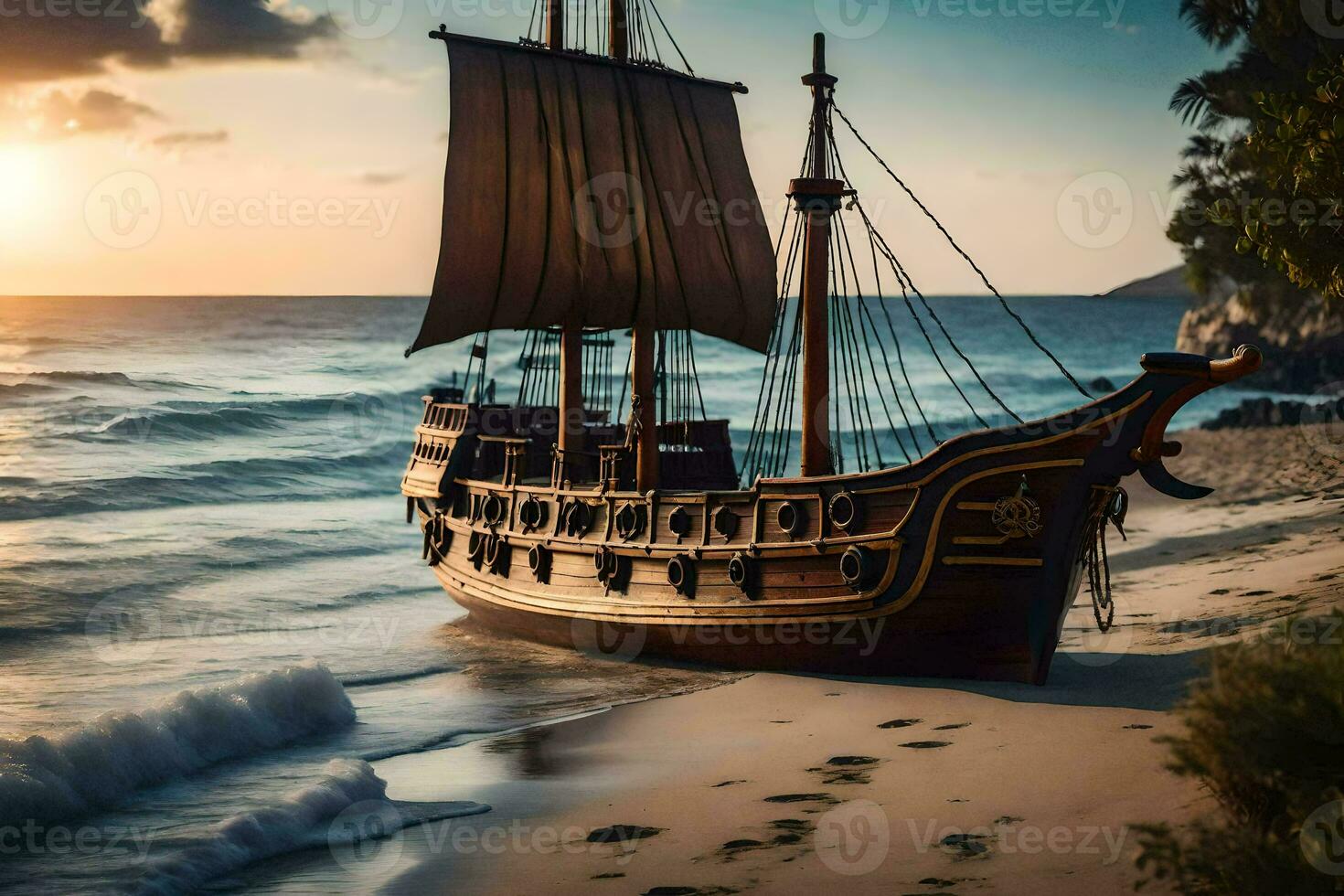 a pirate ship on the beach at sunset. AI-Generated photo