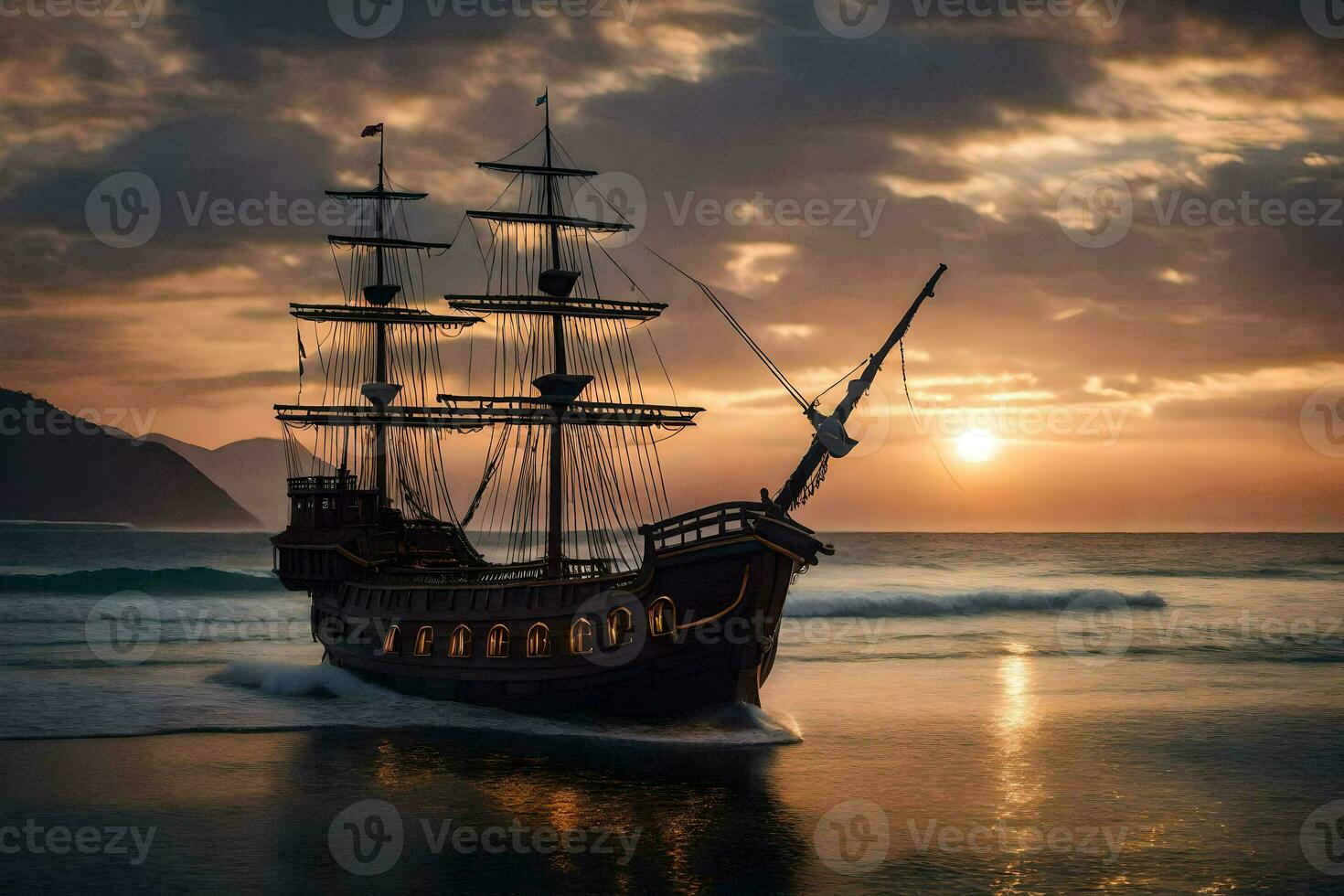 a pirate ship is sailing on the ocean at sunset. AI-Generated photo