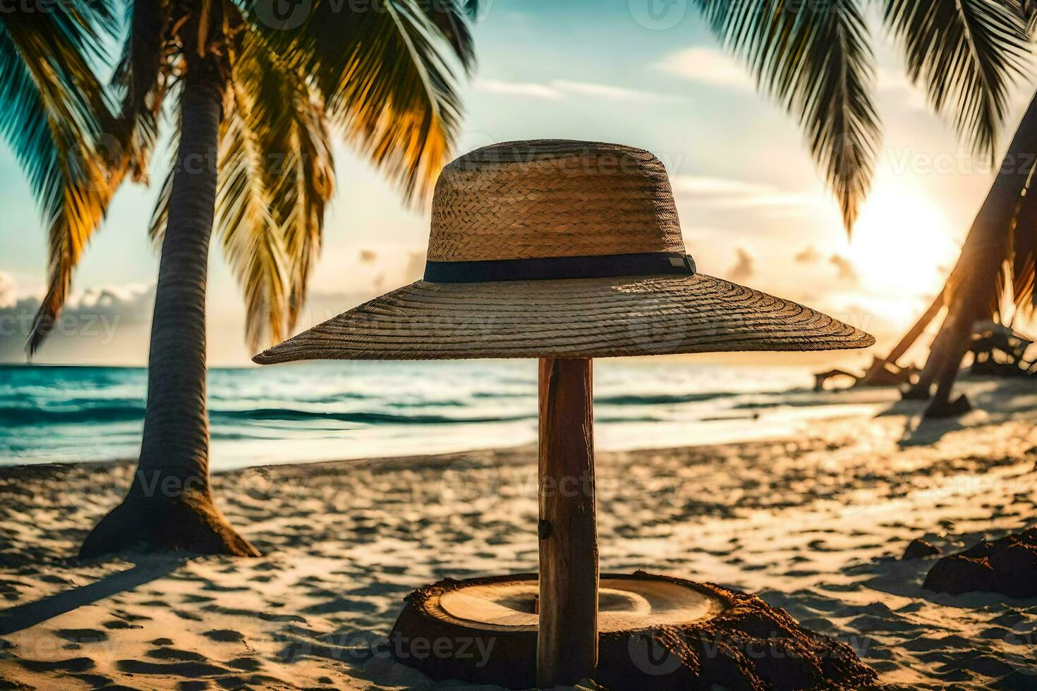 a straw hat on a wooden post on the beach. AI-Generated photo