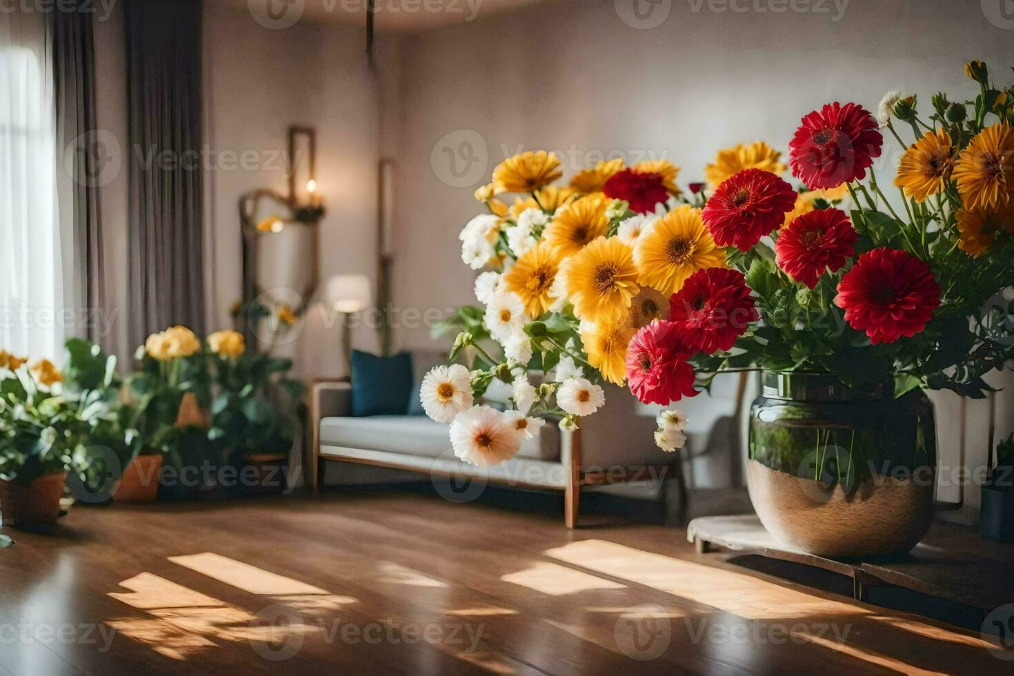 a living room with a large vase of flowers. AI-Generated photo