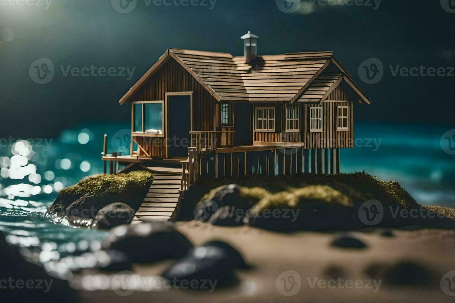 a miniature house on a small island by the water. AI-Generated photo