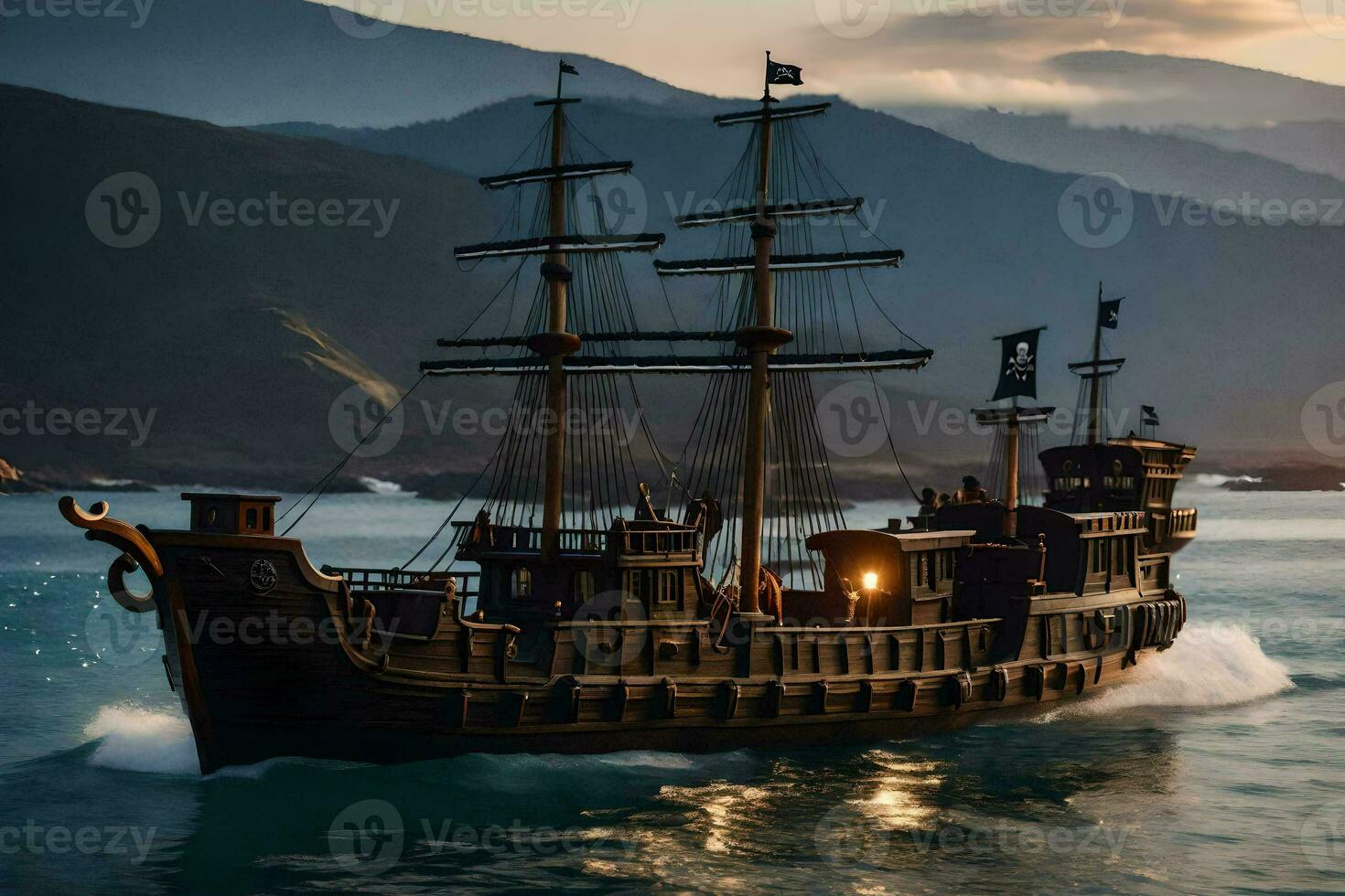 a pirate ship is sailing in the ocean. AI-Generated photo