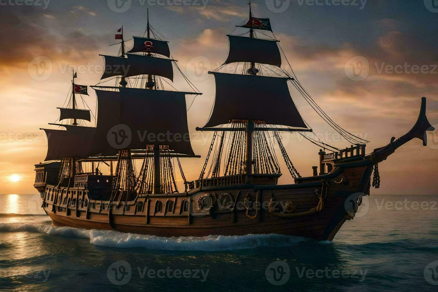 a pirate ship in the ocean at sunset. AI-Generated photo