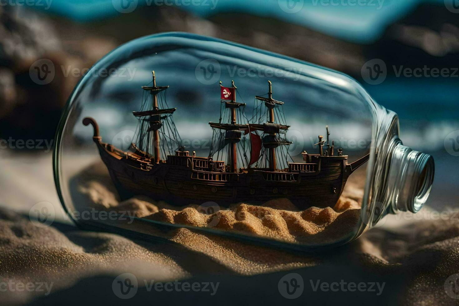 a miniature ship in a bottle on the beach. AI-Generated photo