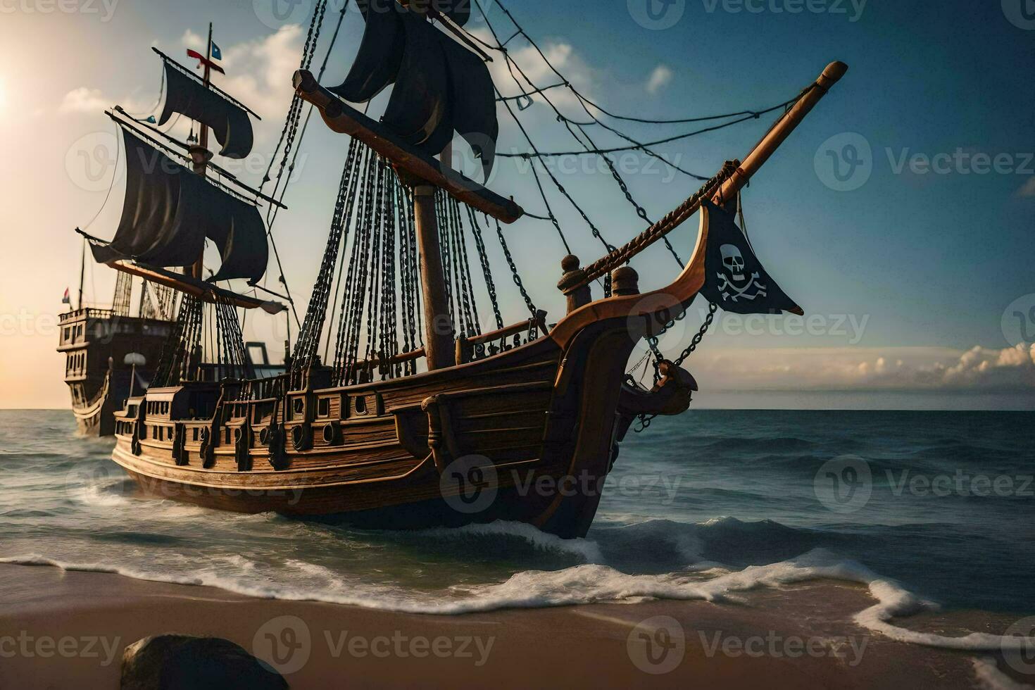a pirate ship is sailing on the ocean. AI-Generated photo
