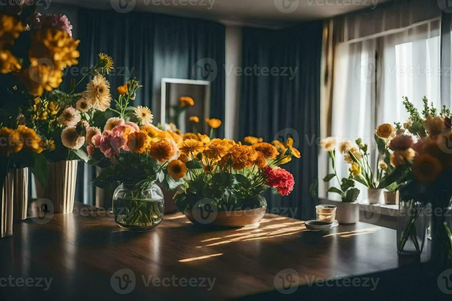 a table with flowers in vases on it. AI-Generated photo