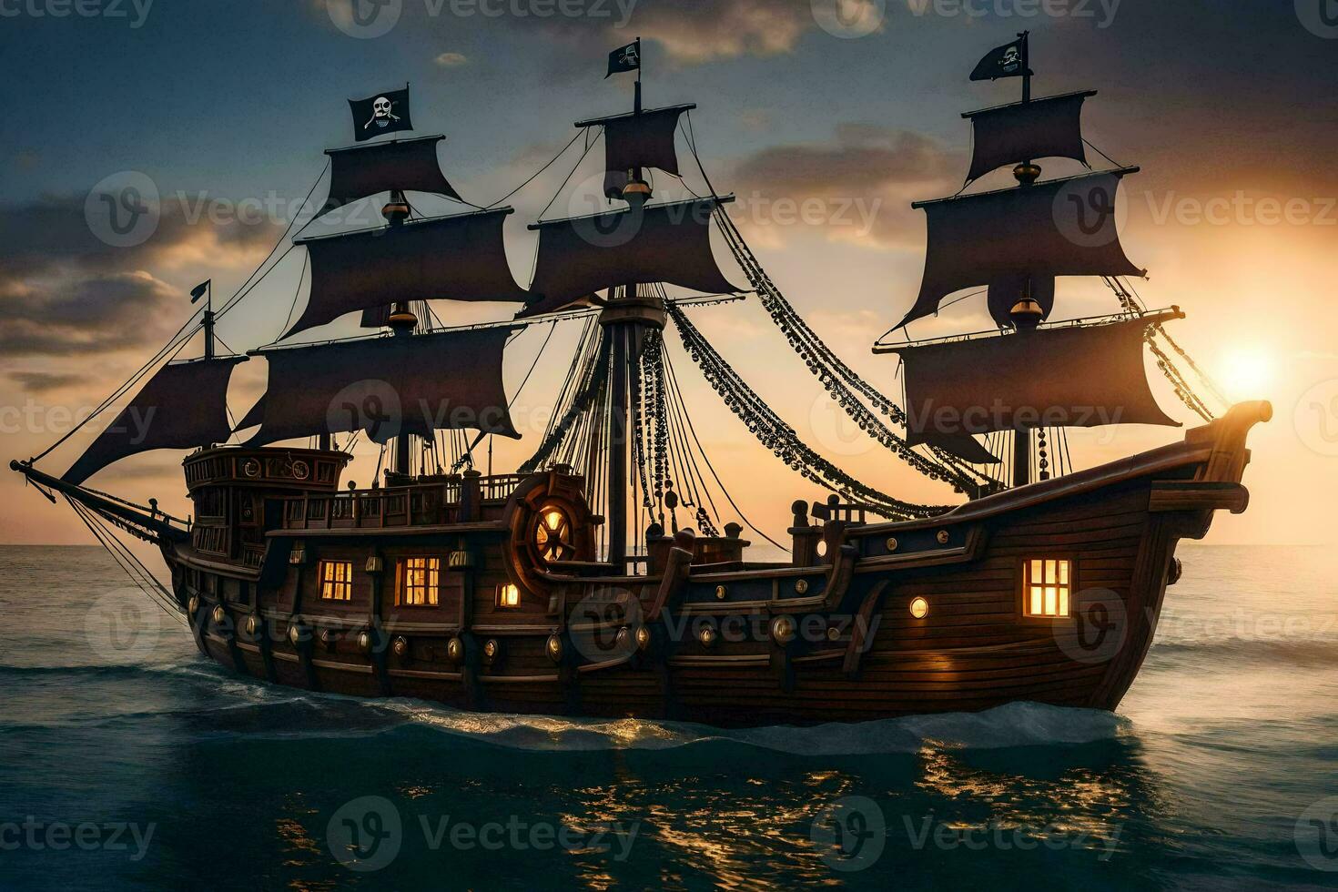 a pirate ship in the ocean at sunset. AI-Generated photo