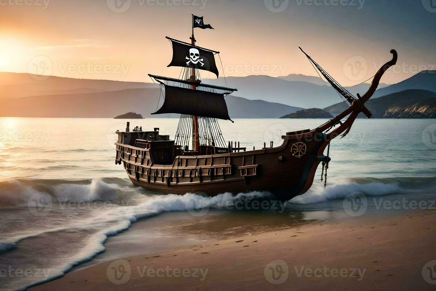 a pirate ship on the beach at sunset. AI-Generated photo