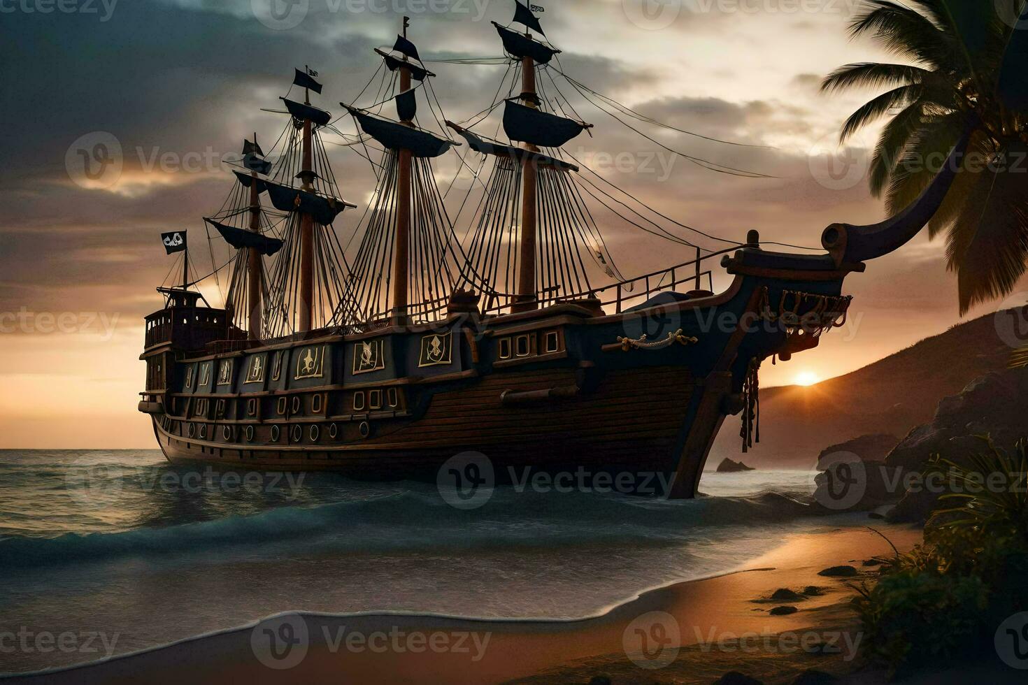 a pirate ship is on the beach at sunset. AI-Generated photo
