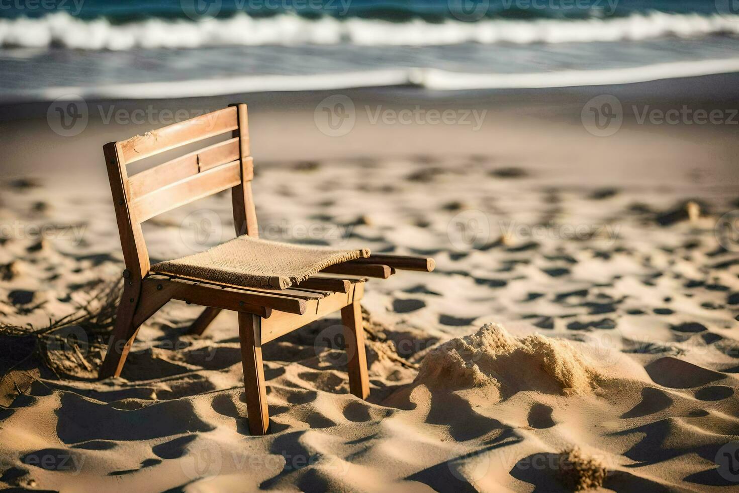 a chair on the beach with sand and waves in the background. AI-Generated photo