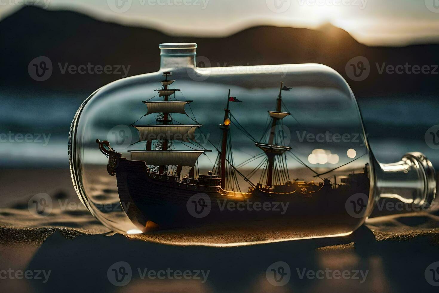 a ship in a bottle on the beach. AI-Generated photo