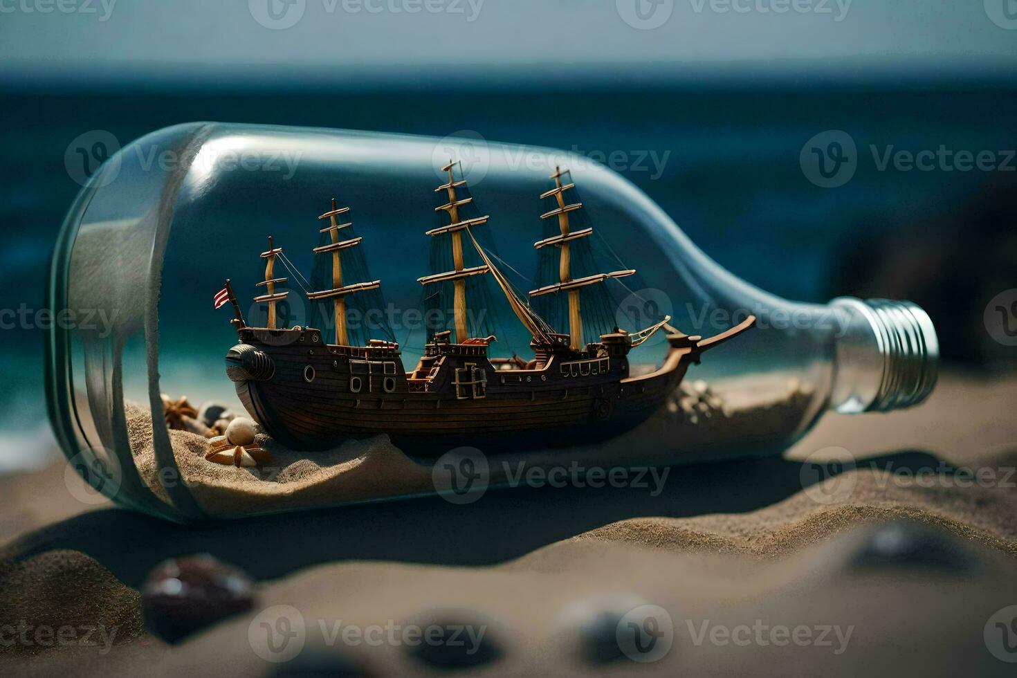 a ship in a bottle on the beach. AI-Generated photo