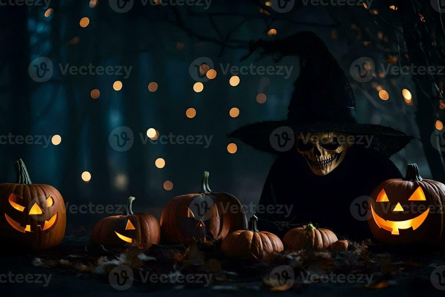 a witch in a black hat with pumpkins and skulls. AI-Generated photo