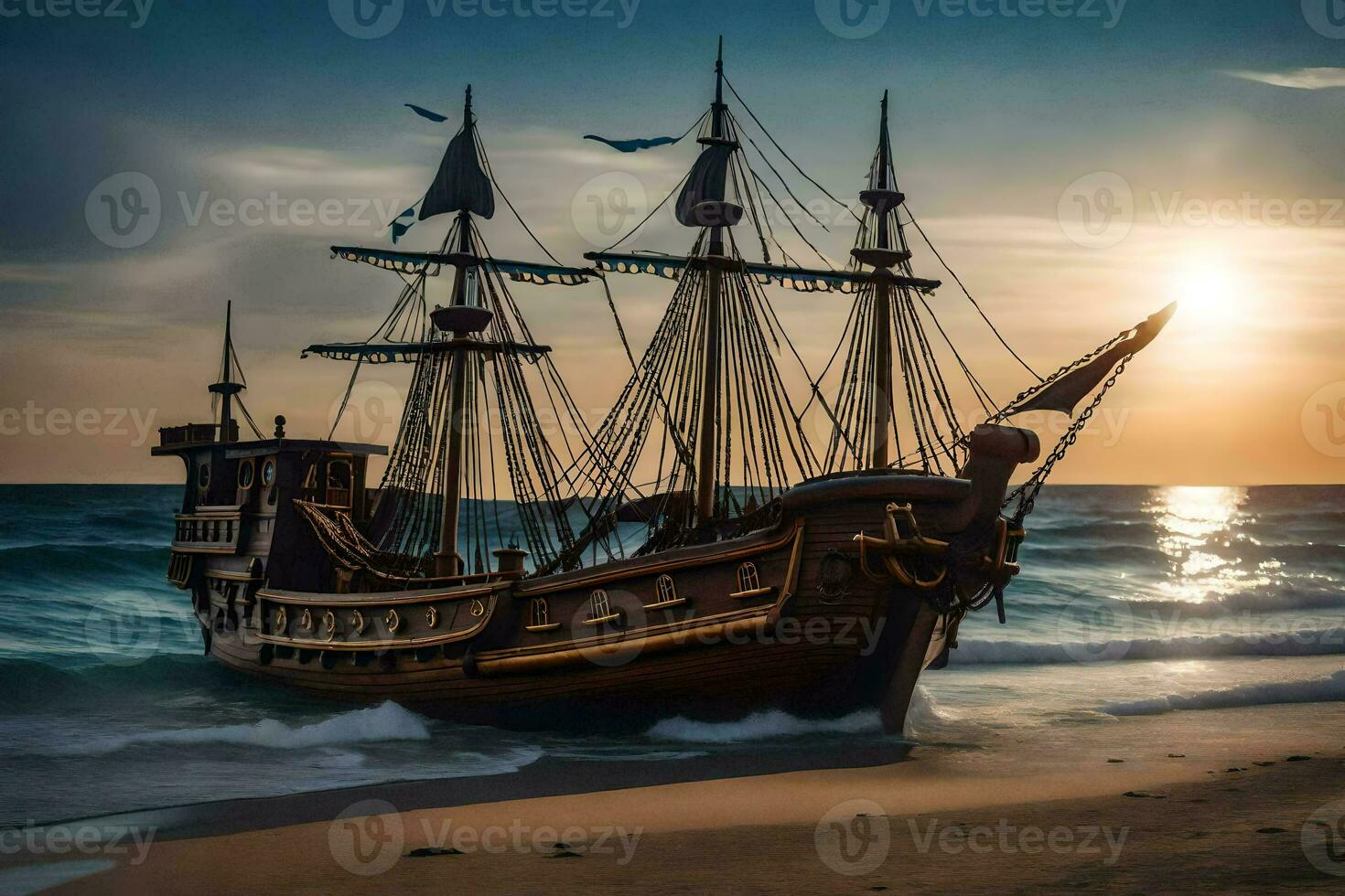 a pirate ship on the beach at sunset. AI-Generated photo