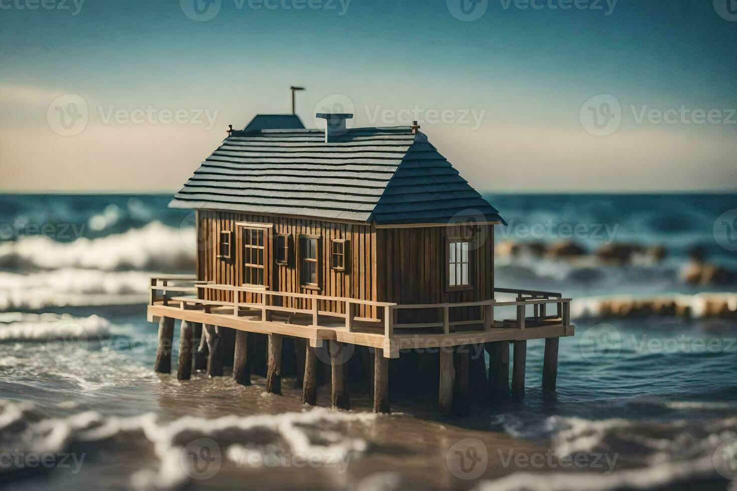 a miniature house on a pier by the ocean. AI-Generated photo