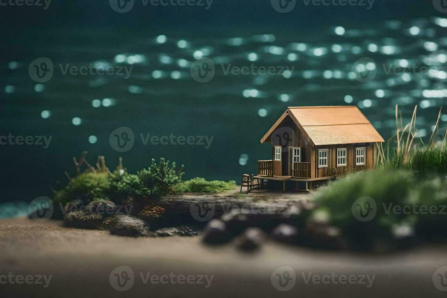 a miniature house on the beach with water in the background. AI-Generated photo