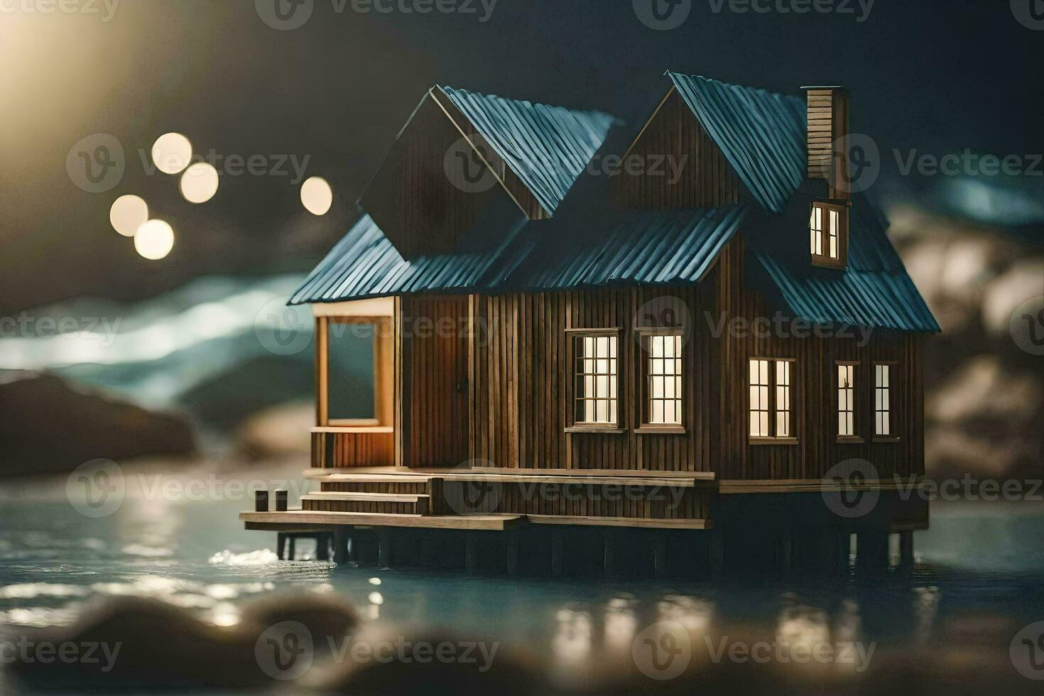 a small wooden house on a pier in the water. AI-Generated photo