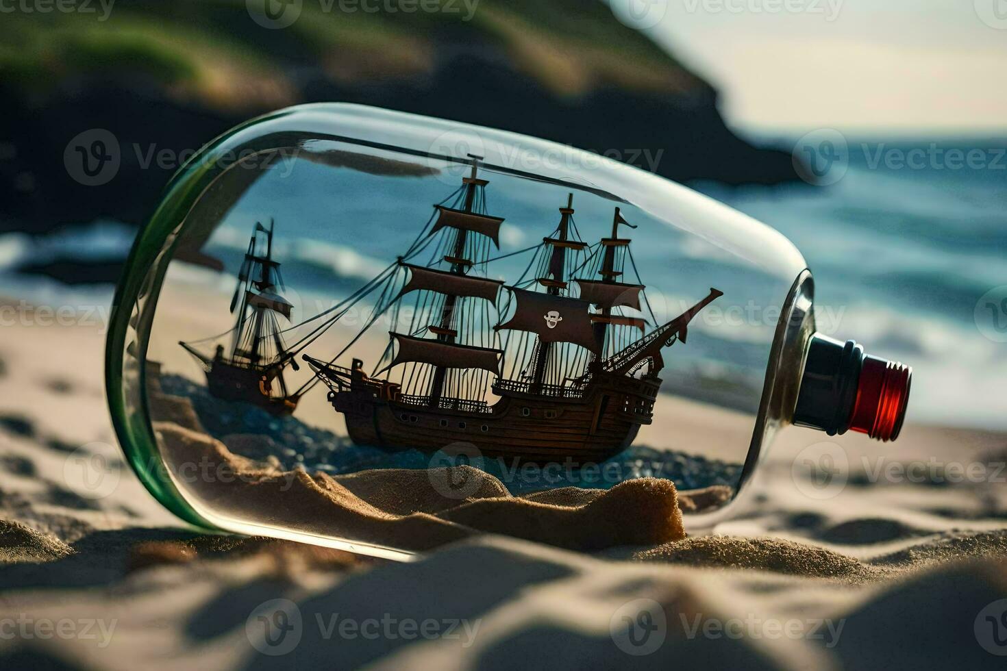 a ship in a bottle on the beach. AI-Generated photo