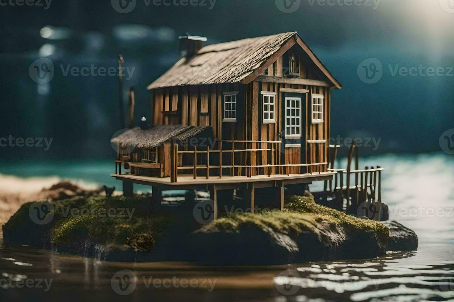 a miniature house on a small island in the water. AI-Generated photo