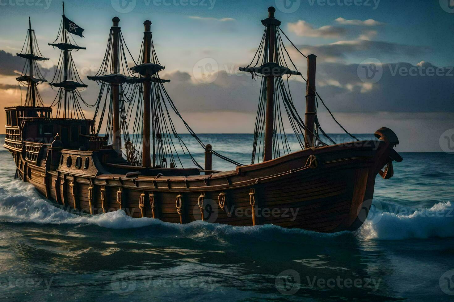 a wooden pirate ship in the ocean. AI-Generated photo