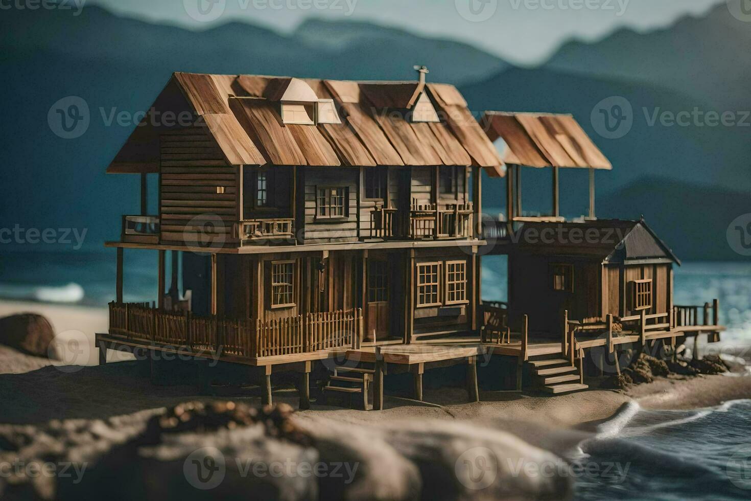 a miniature wooden house on the beach. AI-Generated photo