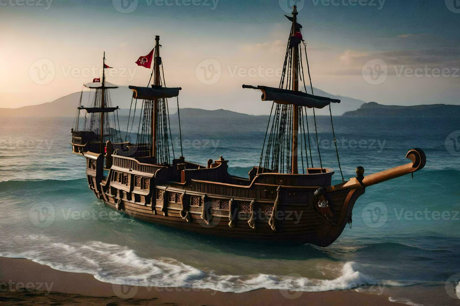 a pirate ship is on the beach near the ocean. AI-Generated photo