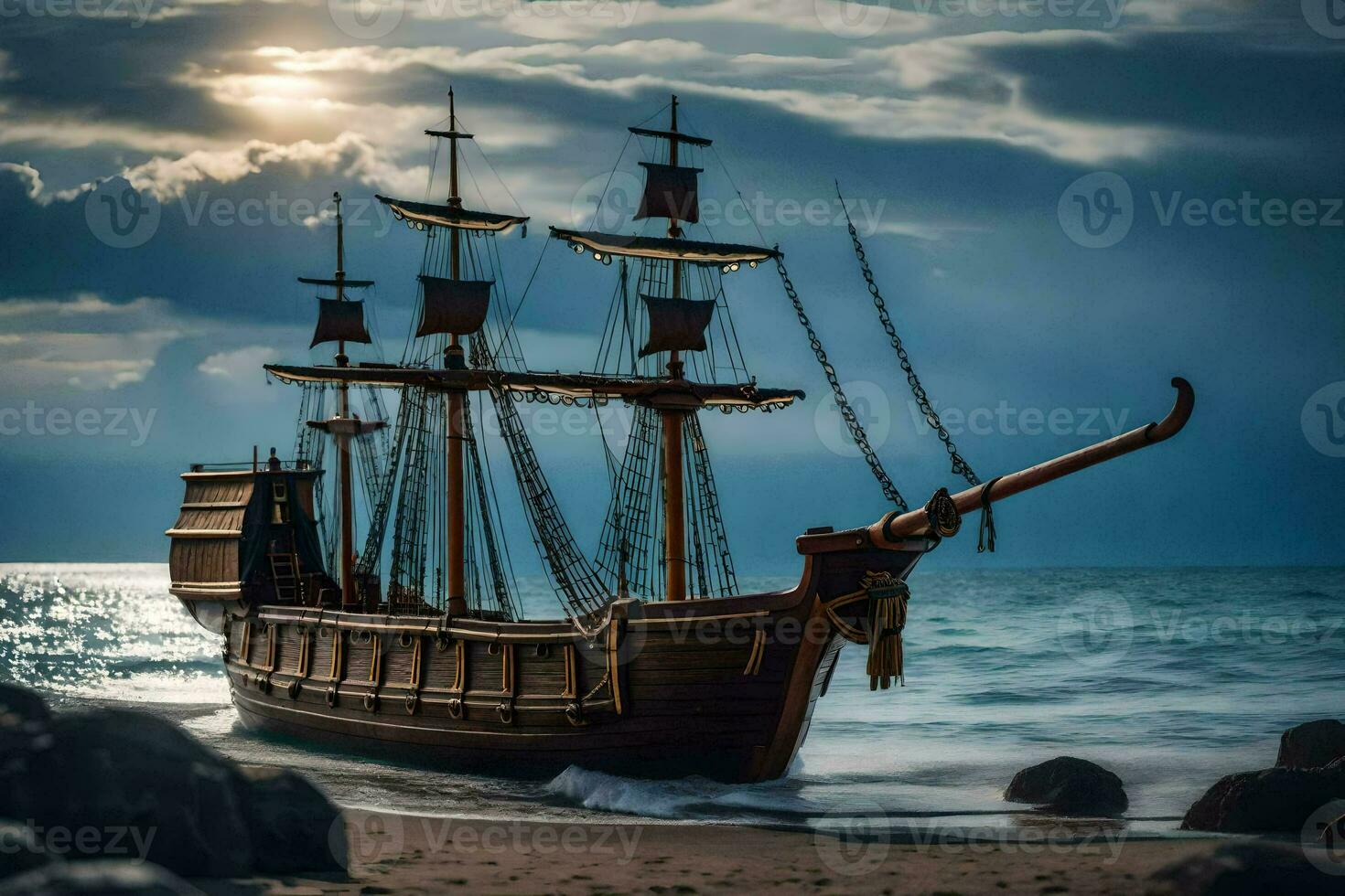 a pirate ship on the beach. AI-Generated photo