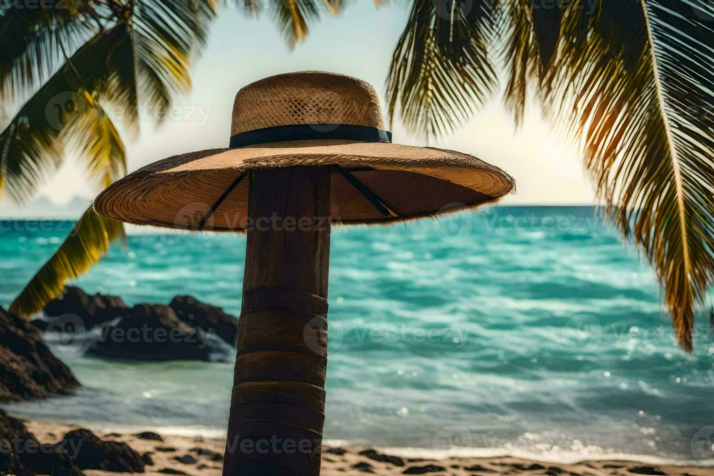 a hat sits on a palm tree on the beach. AI-Generated photo