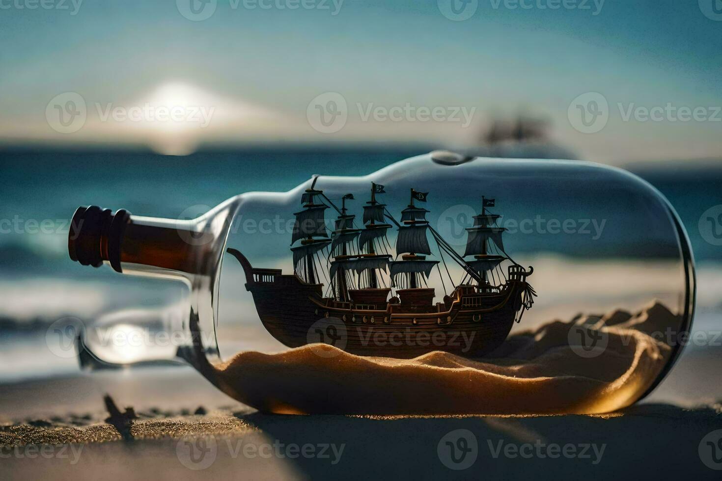 a ship in a bottle on the beach. AI-Generated photo