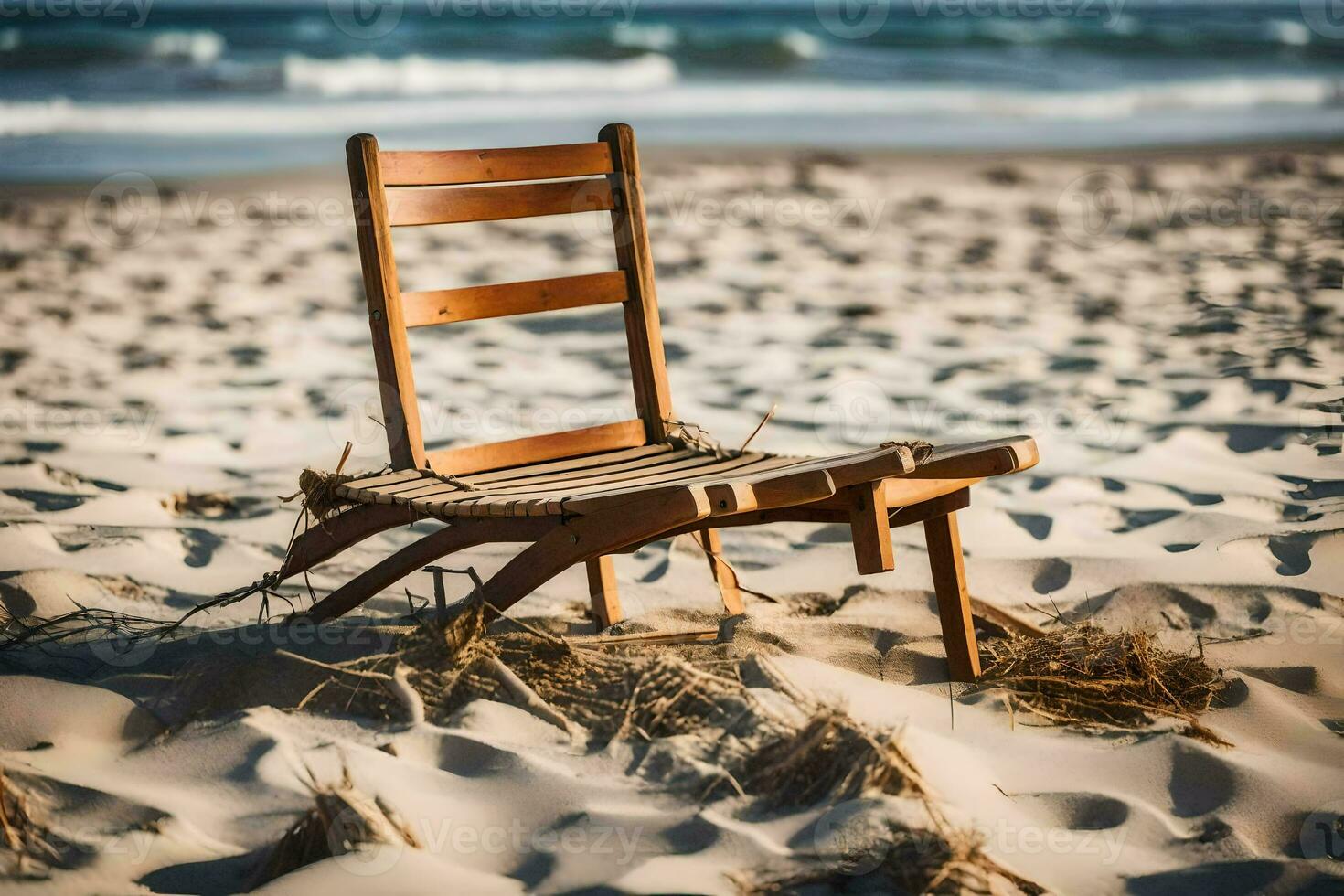 a wooden chair sits on the sand near the ocean. AI-Generated photo