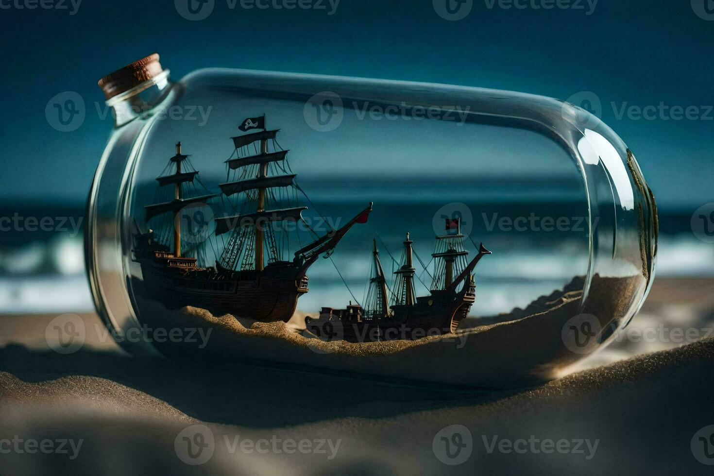 a bottle with a ship inside of it on the beach. AI-Generated photo