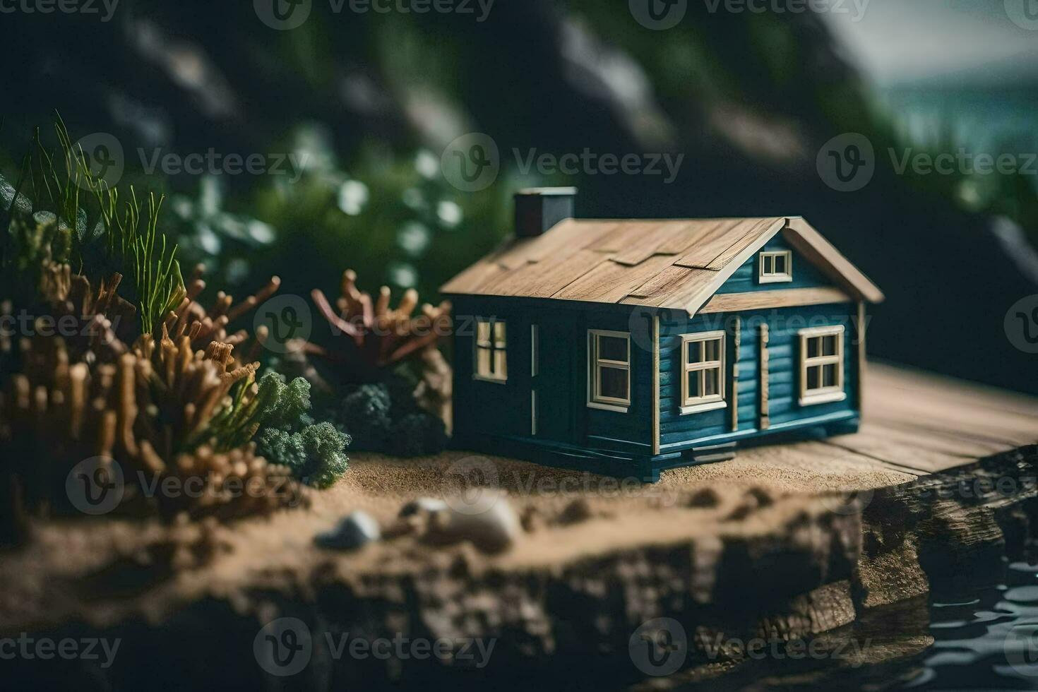 a miniature blue house on a small island. AI-Generated photo