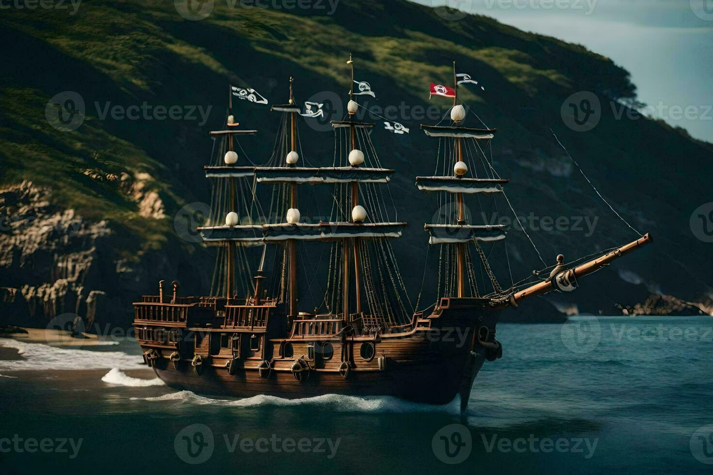 a pirate ship is sailing in the ocean. AI-Generated photo