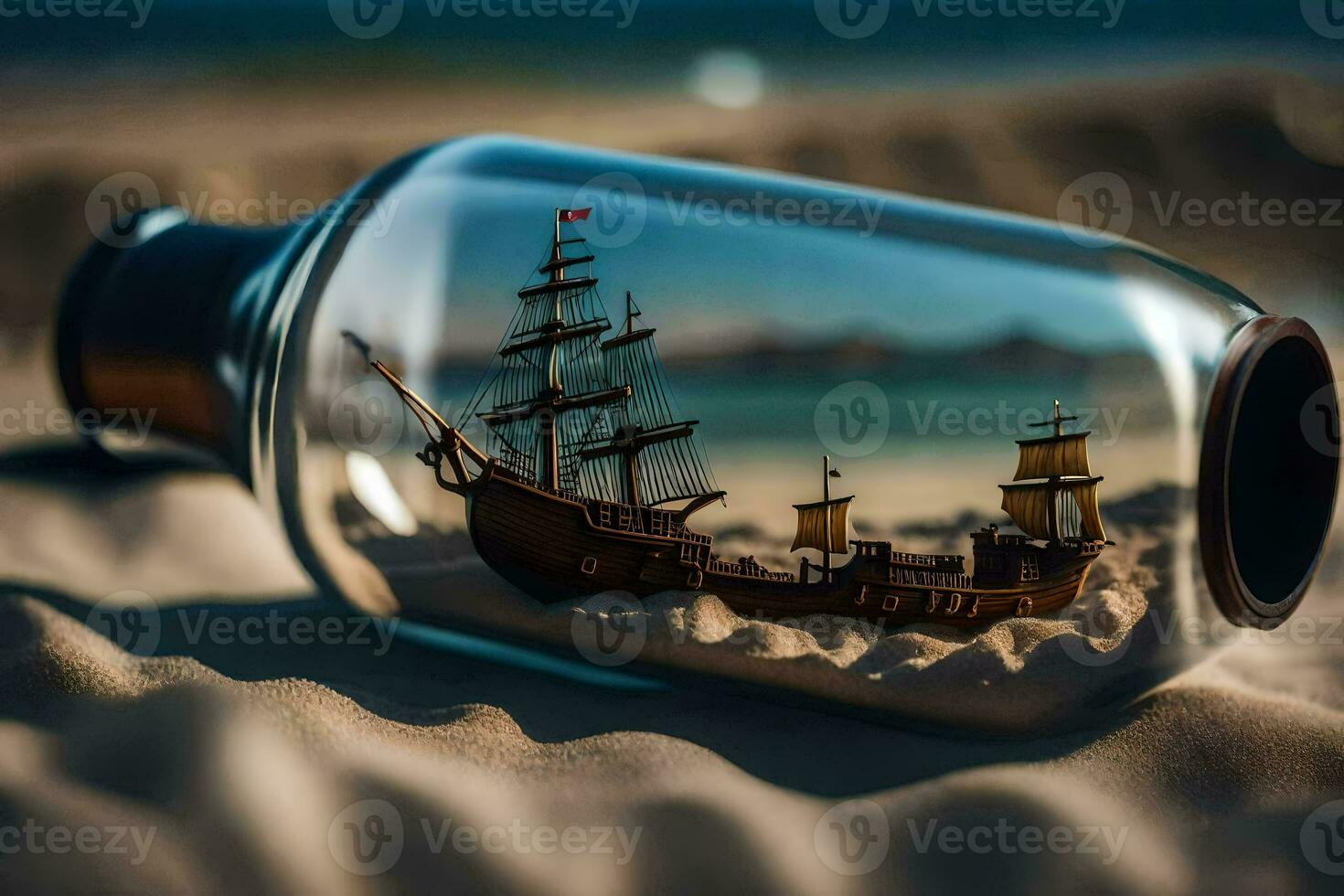 a ship in a bottle on the beach. AI-Generated photo