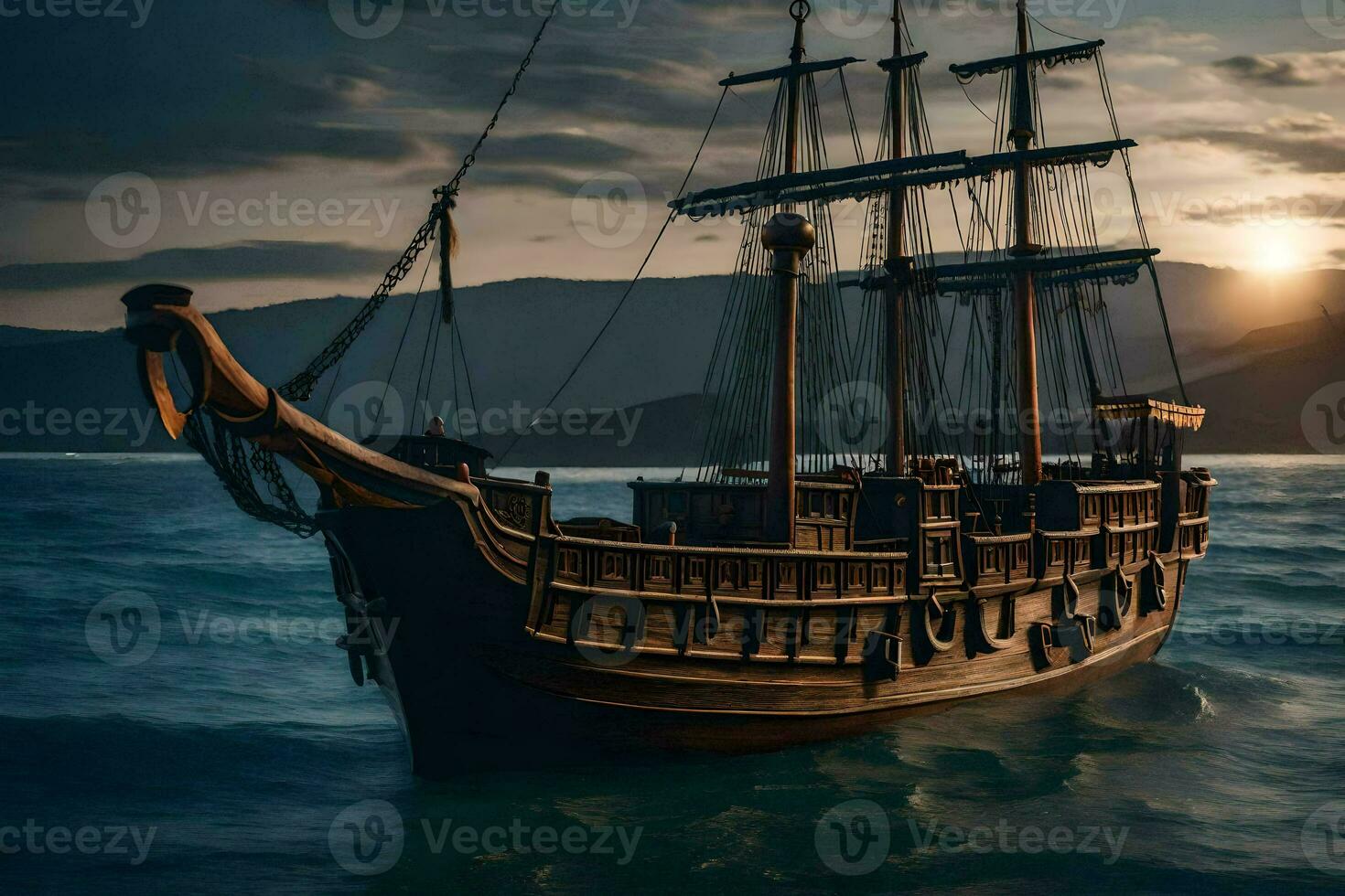 a pirate ship in the ocean at sunset. AI-Generated photo