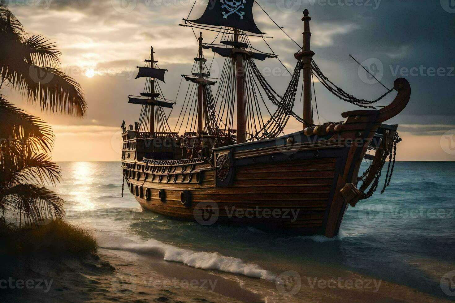 a pirate ship is on the beach at sunset. AI-Generated photo