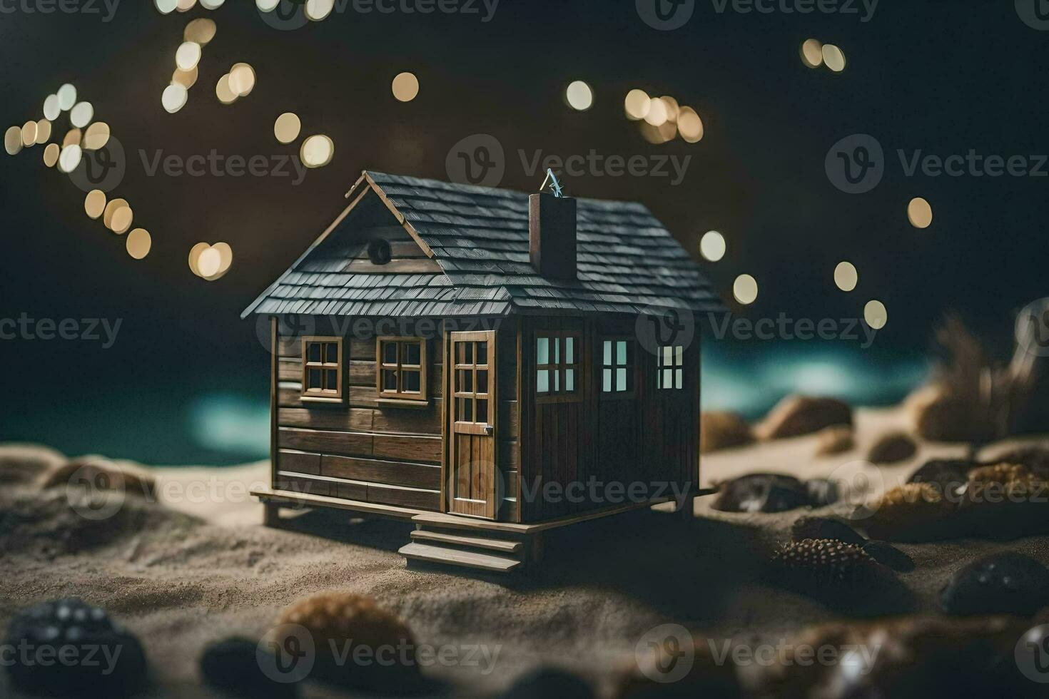 a miniature house on the beach with lights. AI-Generated photo