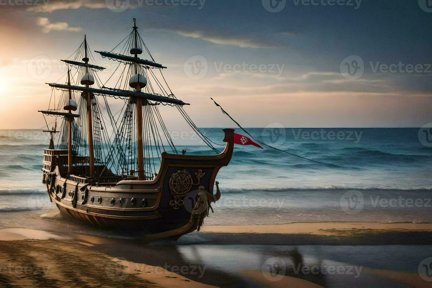 a pirate ship on the beach at sunset. AI-Generated photo