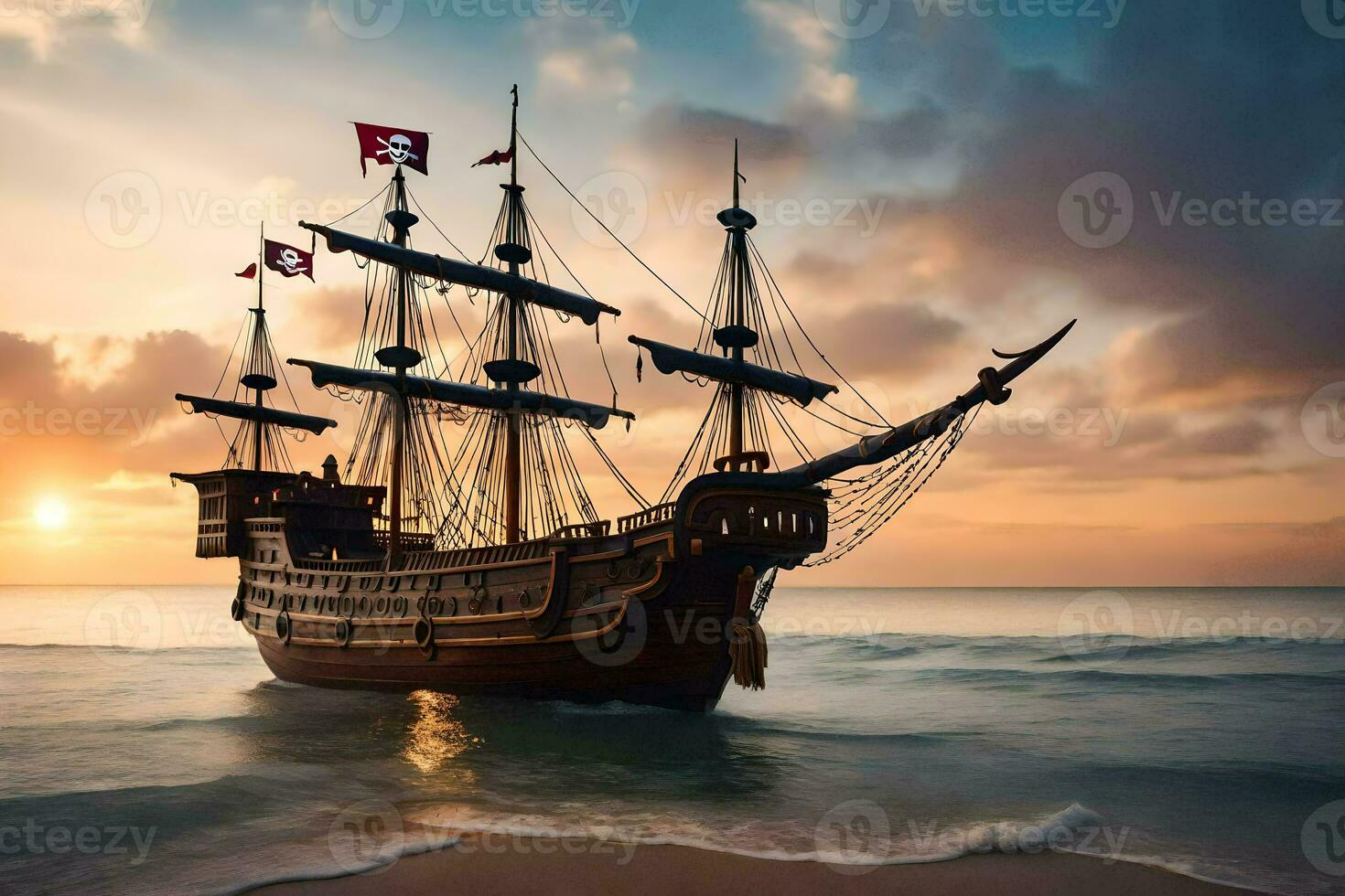 a pirate ship is sailing on the ocean at sunset. AI-Generated photo