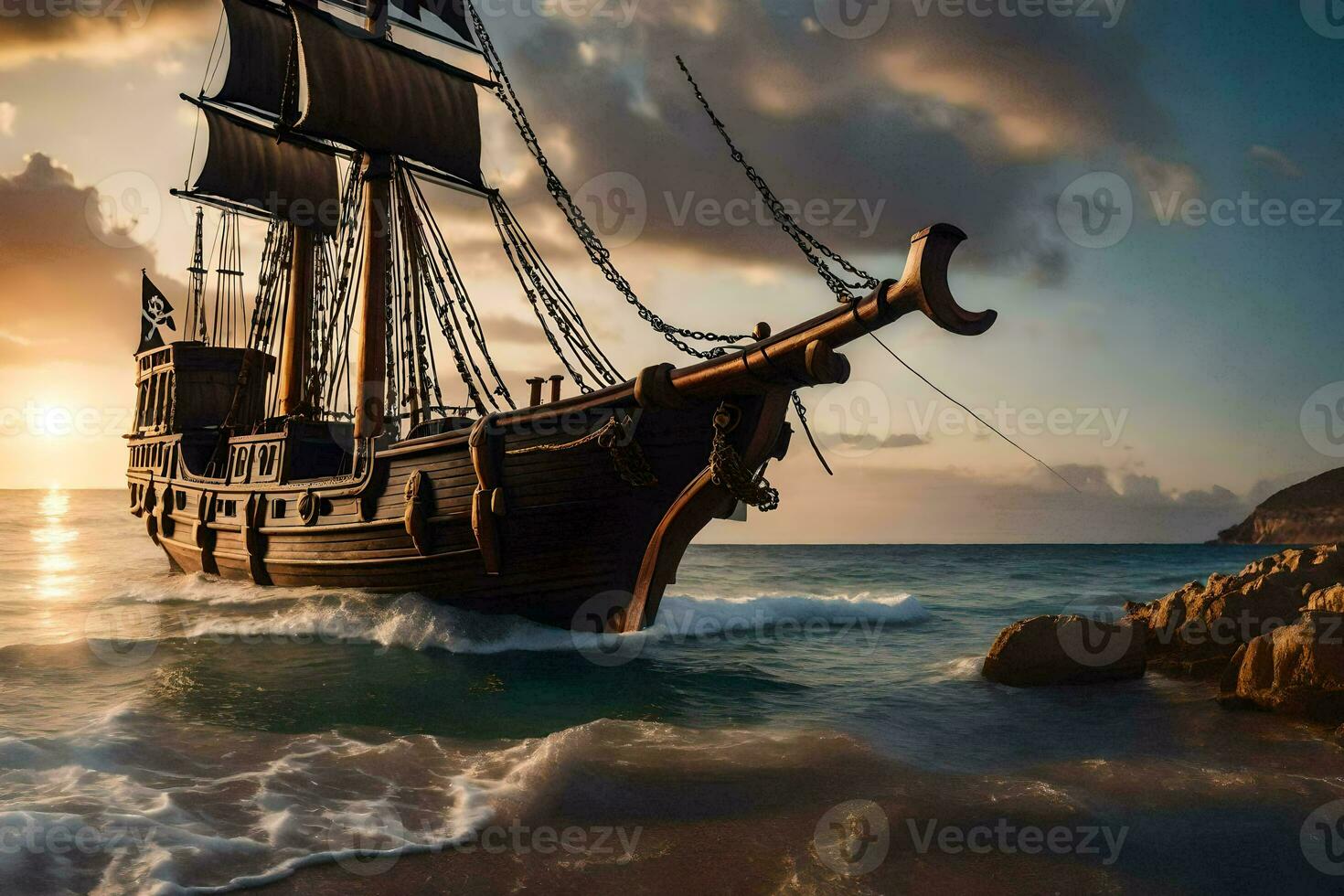 pirata Embarcacion navegación en el Oceano a puesta de sol. generado por ai foto