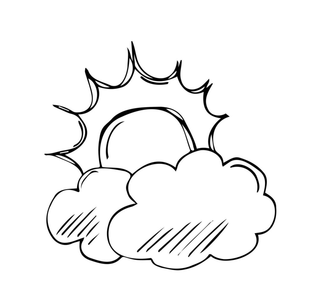 clima condiciones. nublado clima. garabatear cielo y sol, nubes mano dibujado vector ilustración en bosquejo estilo.