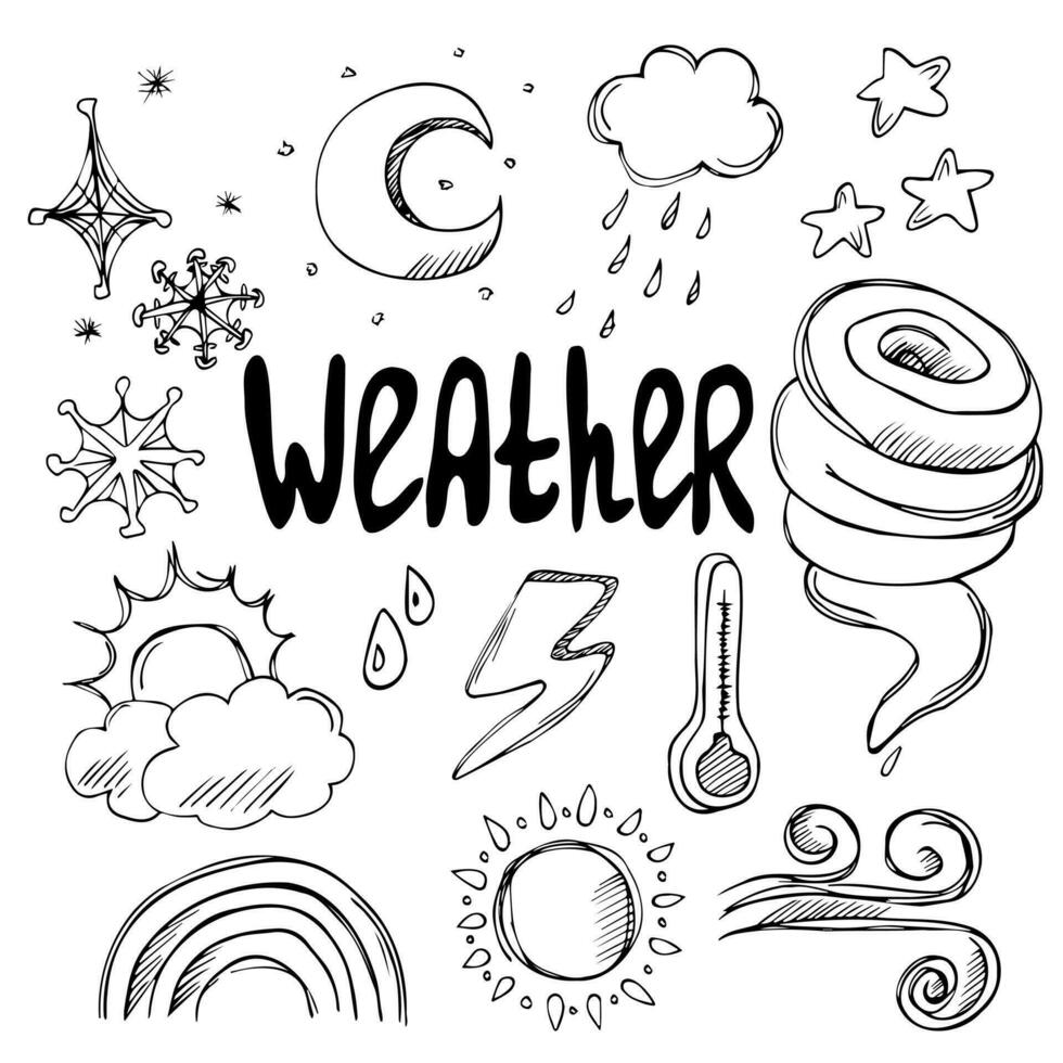 Collection of hand drawn vector doodles - weather icons. Clouds, sun, rain, stars and moon, termometre,snow, wind, tornado symbols.