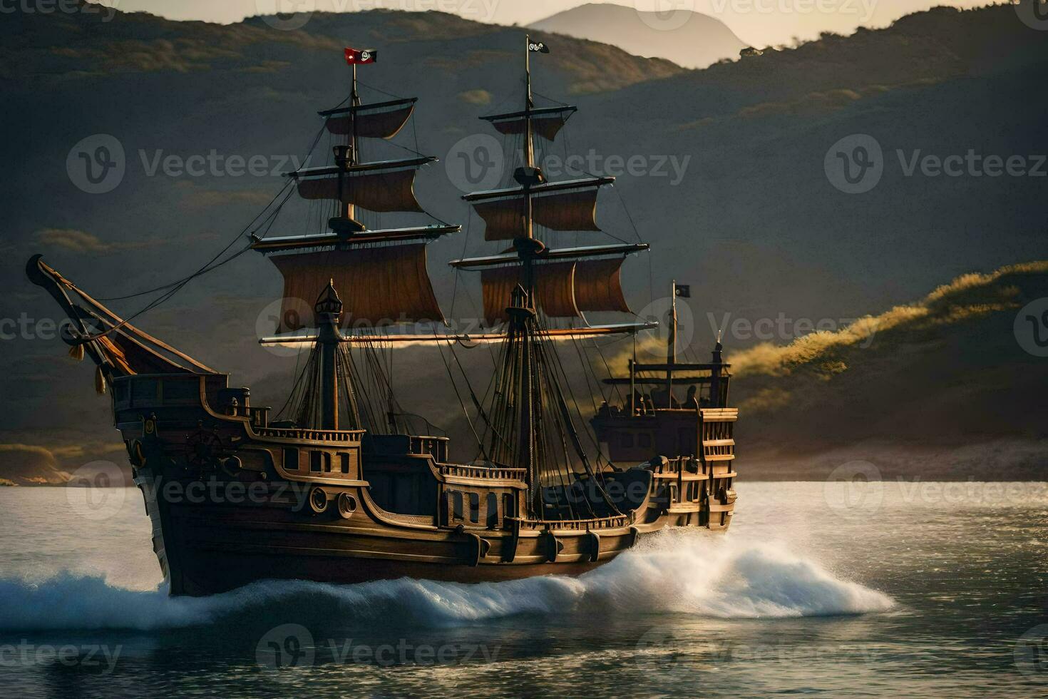 a pirate ship is sailing in the ocean. AI-Generated photo