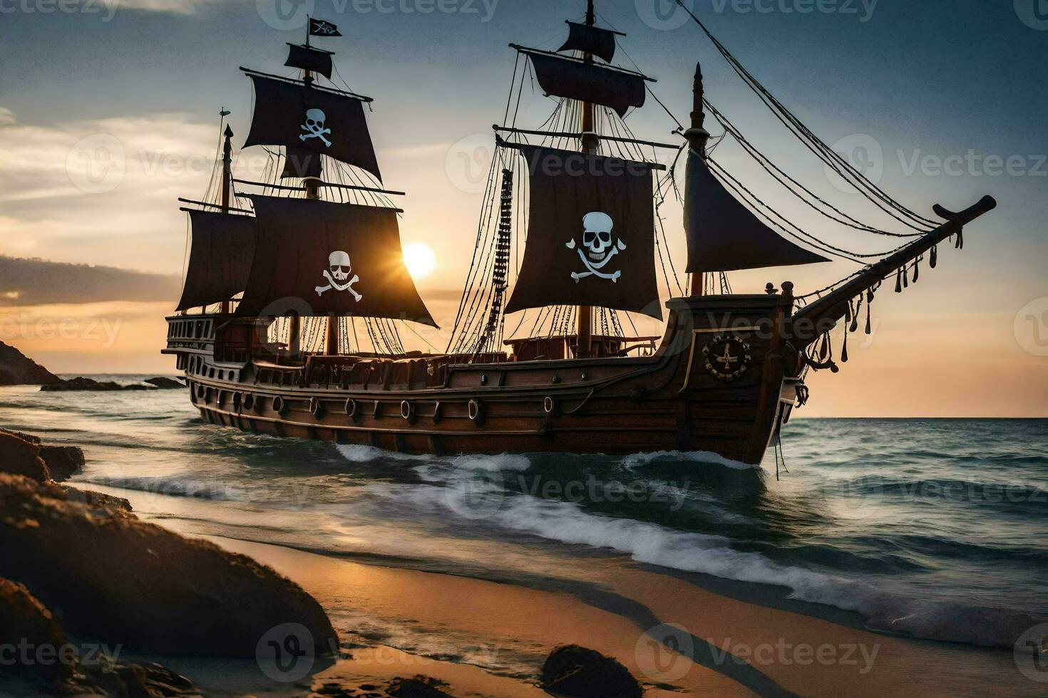 a pirate ship sailing on the ocean at sunset. AI-Generated photo