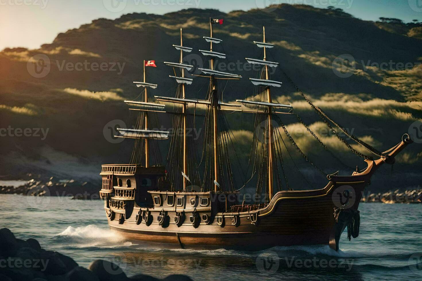 a pirate ship is sailing on the ocean. AI-Generated photo